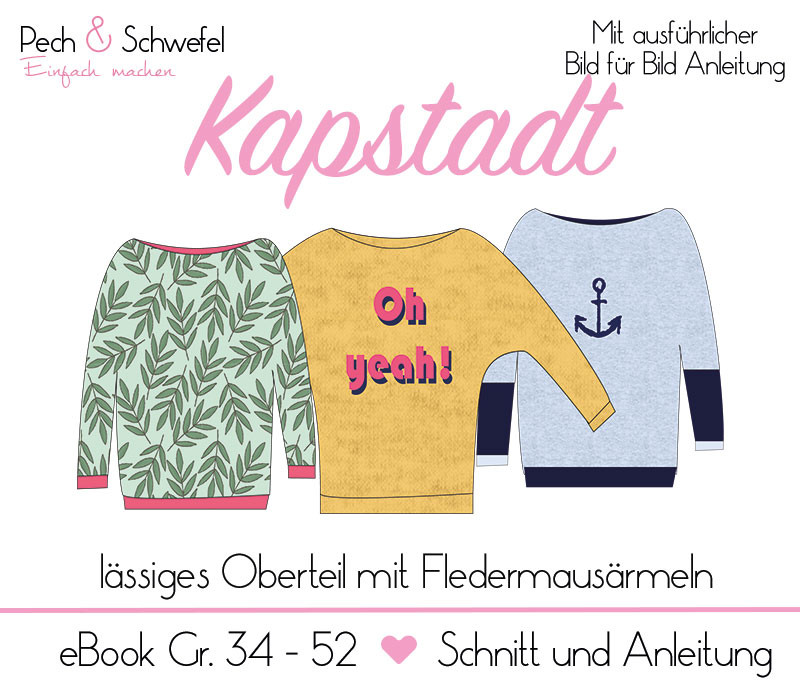 E-Book – Oberteil „Kapstadt“ lässiges Oberteil mit Fledermausärmeln Gr. 34 – 52 in A4 und A0 PechundSchwefel Pech&Schwefel