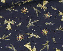 Baumwolle - Webware - Weihnachten - Srohfiguren & Goldsterne - Stahlblau