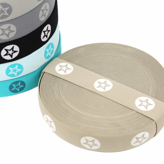 1m Gummiband - Elastisch - Sterne Im Kreis - 40mm - Sand/Weiß
