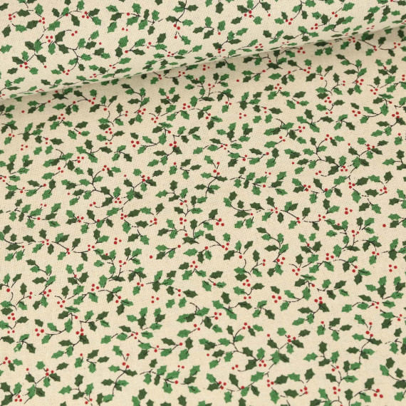Canvas - feste Baumwolle - Weihnachten - Mini Stechpalmenblätter - Natur