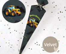 DIY-Nähset Schultüte - Gelber Traktor - Dunkelgrau - Velvet - zum selber Nähen