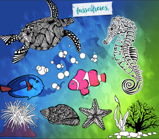 UNDER THE SEA VOL1 - Plotterdatei Serie Fusselfreies - Seepferdchen Schildkröte Oktopus Seestern Anemonenfisch Doktorfisch Koralle Muschel Anemone