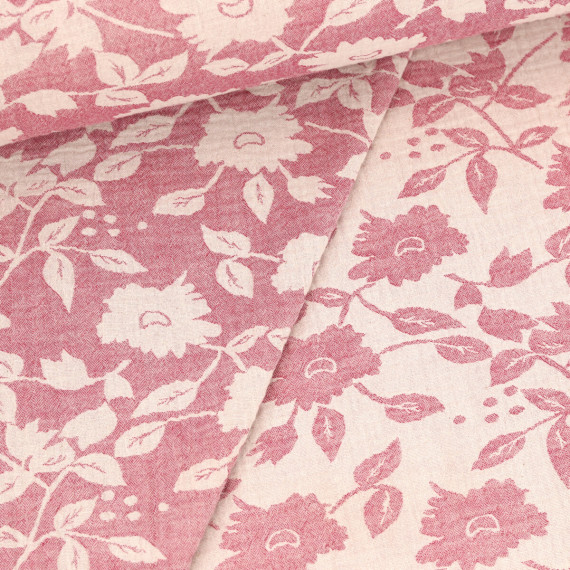 Musselin - Muslin - Double Gauze - Jacquard Blumen - Doubleface - Schnuffeltuch - Windeltuch - Warmweiß/Dunkelrot