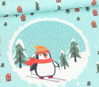 Sommersweat - Bio-Qualität - Percy Penguins Snow Adventure - Paneel - Türkis - abby and me 