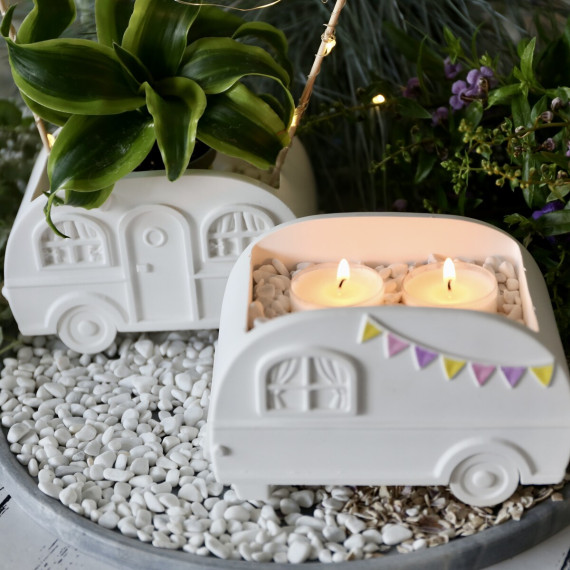 Silikon - Gießform - Camper - Wohnwagen - Blumenvase - Set - mit Manschette und Klammern - vielfältig nutzbar
