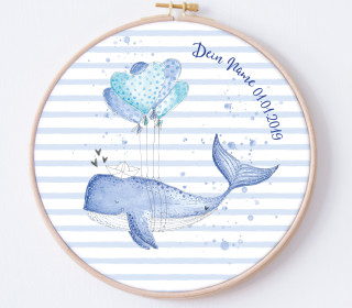 DIY Stickrahmen - Herzenswal - personalisiertes Stickrahmen Bild - blau - Treeebird - zum Selbermachen