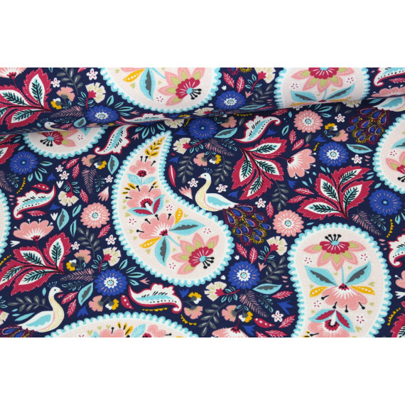 Kuschelsweat - French Terry - Geraut - Paisley - Blumen - Dunkelblau