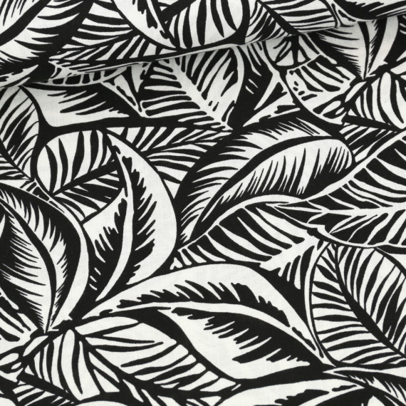 Rayon Slub - Blusenstoff - Leaves - Schwarz/Warmweiß