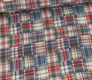 Musselin - Muslin - Double Gauze - Beidseitig - Kariert - Patchwork - Jeansblau/Dunkelrot/Warmweiß