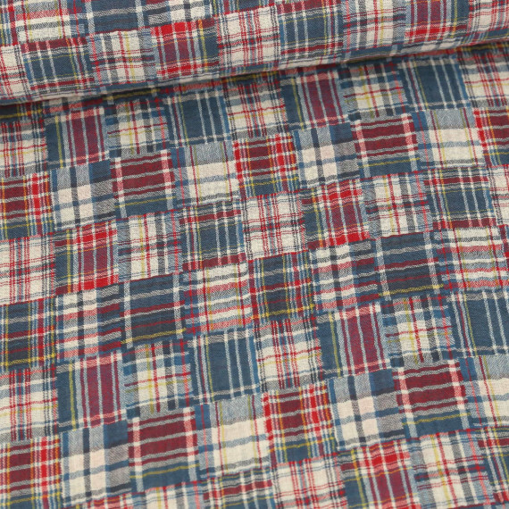 Musselin - Muslin - Double Gauze - Beidseitig - Kariert - Patchwork - Jeansblau/Dunkelrot/Warmweiß