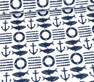 Bio Jersey - Organic Cotton - Island Breeze - Fische & Anker - Weiß/Stahlblau