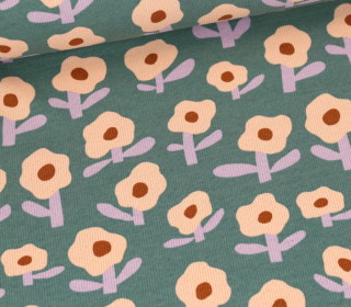 Bio Ripp Jersey - Schmale Rippen - JENNIFER BOURON - Flowers - Altgrün