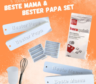 5 teiliges Set – Silikonformen Beste Mama Bester Papa / Mixbecher / Schneebesen / 1kg Keraquick Gießpulver