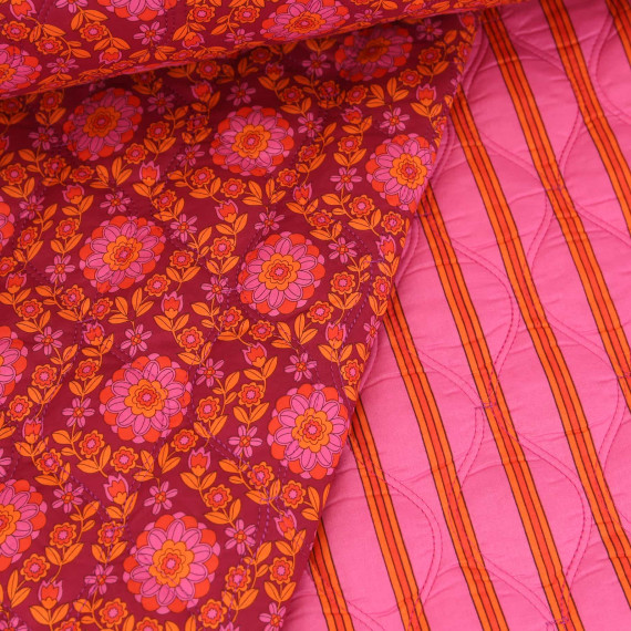 Baumwoll Voile Stepper - Steppstoff - Wattiert - Doubleface - Blumen - Streifen - Bordeaux/Rosa