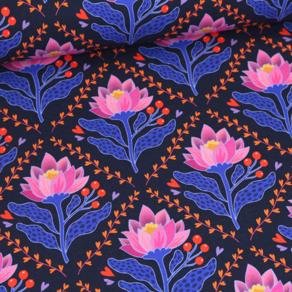 Bio-Sommersweat - French Terry - Lotus Royal - Queen Of Hearts - Stahlblau - Hamburger Liebe