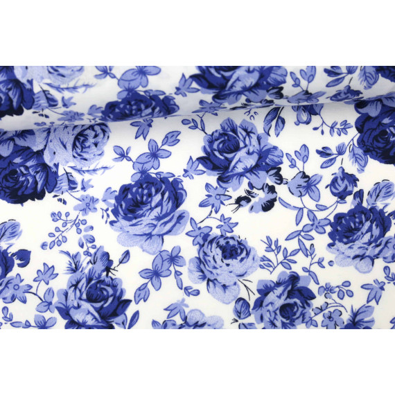 Stoff Rosen Blätter Sweet Flowers Blau/Weiß