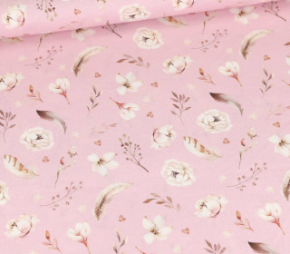 Baumwolle - Cretonne - Bedruckt - Federn & Blüten - Rosa