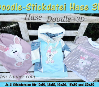 Doodle-Motiv Hase 3D - Stickdatei-Set für den 10x10cm bis 20x30cm Rahmen