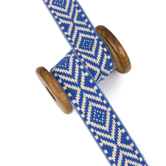 1 Meter Weiches Gurtband  - 30mm - Weboptik - Rautenmuster - Warmweiß/Enzianblau