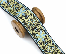 1 Meter Gurtband  - 50mm - Florale Ornamente - Schwarz/Hellblau/Pastellgelb