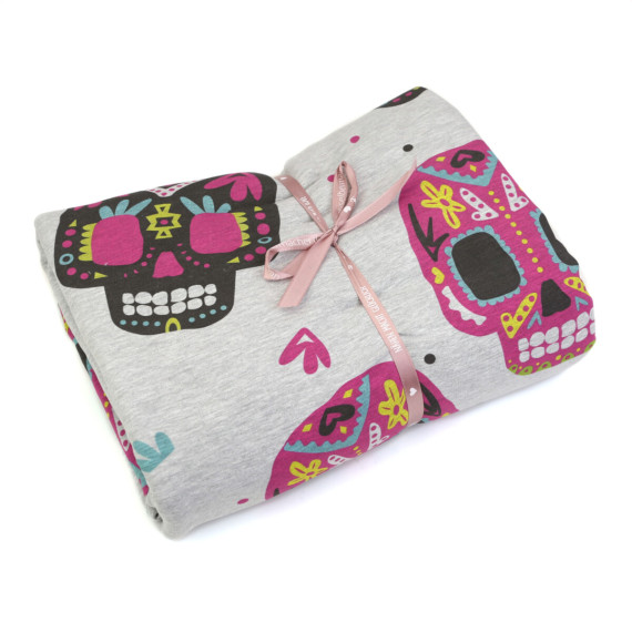 2,15m Zuschnitt - Sommersweat - Totenköpfe - Dia De Los Muertos - Pink/Grau