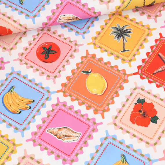 Outdoorstoff - Island Breeze - Colorful Stamps - Weiß - abby and amy