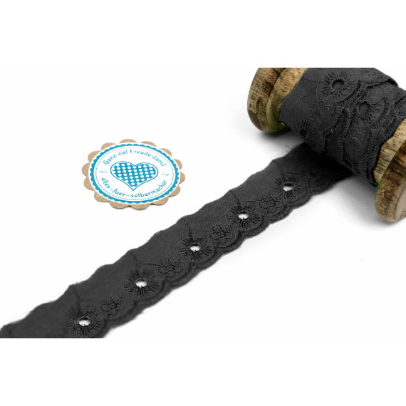 1m Spitzenborte - Bordüre - Stickerei - 25mm - Blümchen - Schwarz