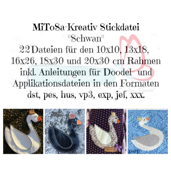 Stickdatei - Schwan ALLE Größen (inkl. 10x10, 13x18, 16x26, 18x30 und 20x30 cm) MiToSa-Kreativ