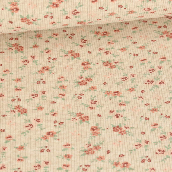 Strick Jersey - Schmale Rippen - Kleine Blüten - Melange - Sand/Altrot