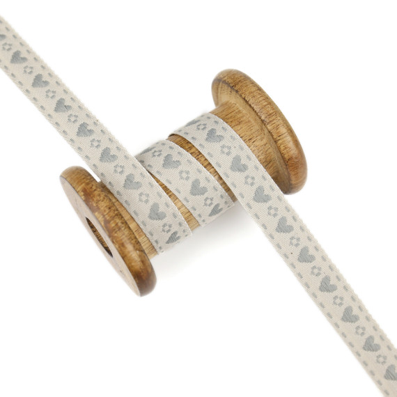 1m Webband - bestickt - Herzen - 15mm - Taupe Hell/Grau