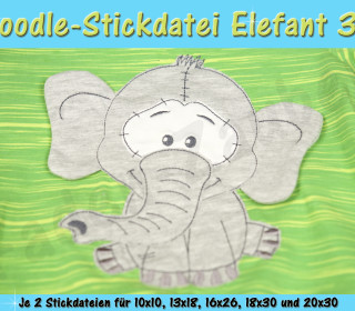 Doodle-Motiv Elefant 3D - Stickdatei-Set für den 10x10cm bis 20x30cm Rahmen