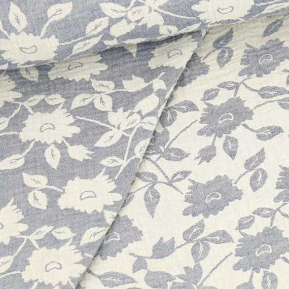 Musselin - Muslin - Double Gauze - Jacquard Blumen - Doubleface - Schnuffeltuch - Windeltuch - Warmweiß/Stahlblau