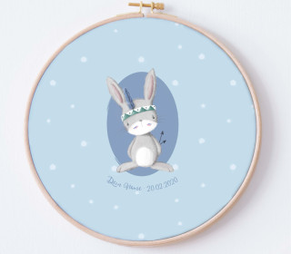 DIY Stickrahmen - Hase Bo - personalisiertes Stickrahmen Bild - blau - Stickherz - zum Selbermachen