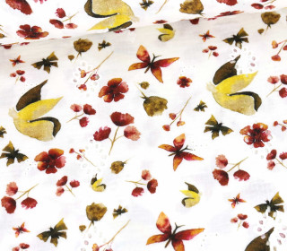 Musselin - Muslin - Double Gauze - Lochstickerei - große Schmetterlinge & Blüten - Weiß