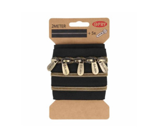 2m Endlosreißverschluss + 5 Zipper - Metallic - Schwarz/Bronze