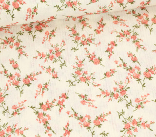 Ajour Jersey - Zarte Lochstickerei - Blumen - Blütenzweige - Warmweiß/Koralle