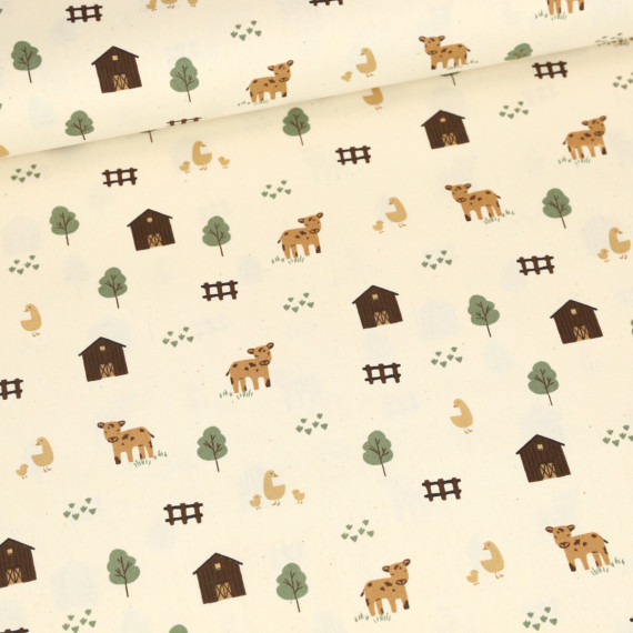 Bio Baumwolle - Webware - Poplin - Natural - Farm Animals - Ecru