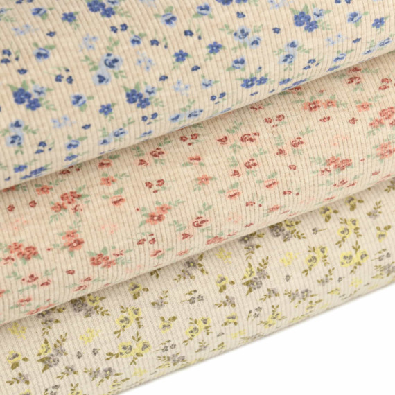 Strick Jersey - Schmale Rippen - Kleine Blüten - Melange - Sand/Altrot