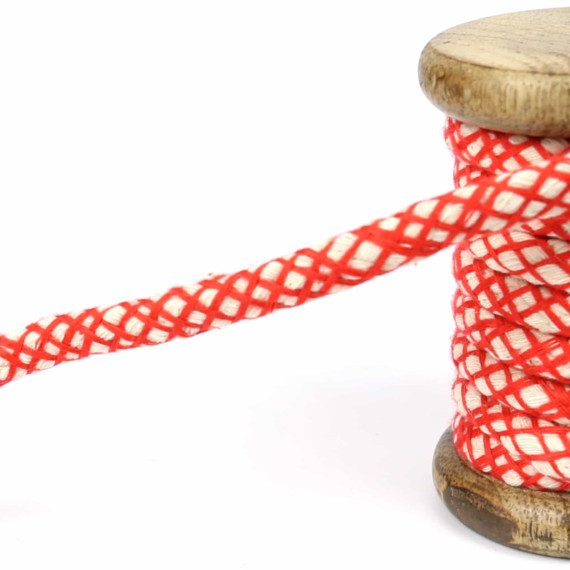 1m Hoodieband - Baumwollkordel - 8 mm - Netz - Rot/Naturweiß