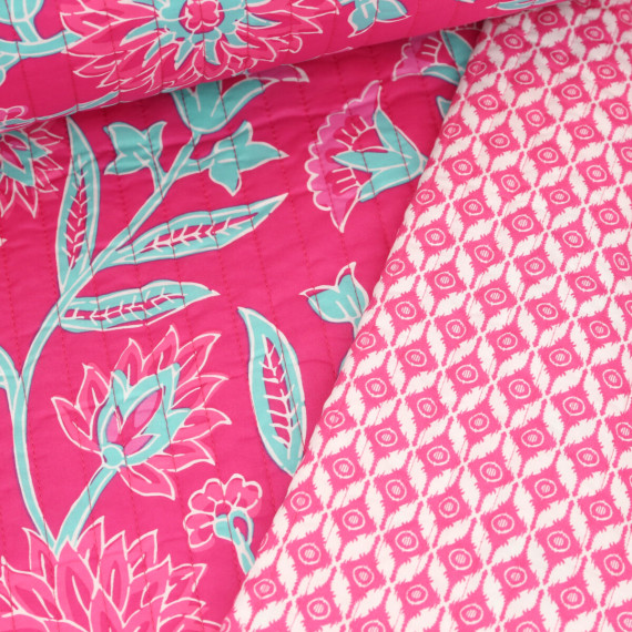 Baumwoll Stepper - Steppstoff - Wattiert - Doubleface - Große Blumen - Muster - Streifen - Fuchsia/Weiß