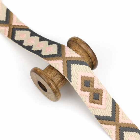 1 Meter Gurtband  - 38mm - Mehrfarbig - Rauten & Kreuze - Natur/Hellbraun/Dunkelgrau/Blassrosa
