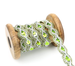1 Meter Zierband - Dekoband - Einfassband -  15mm - Pailletten - Olivgrün/Silber