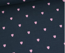 Musselin - Muslin - Double Gauze - Bestickt - Herzen - Stahlblau