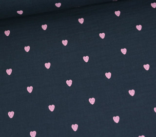 Musselin - Muslin - Double Gauze - Bestickt - Herzen - Stahlblau