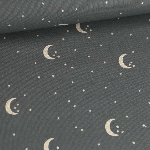 Panama Baumwolle Bedruckt Mond Sterne Dunkelgrau