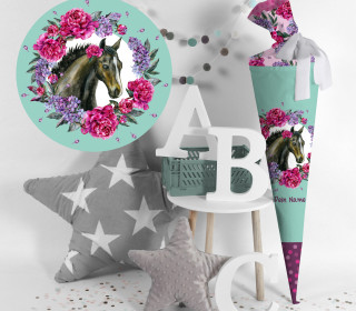 DIY-Nähset Schultüte - Dream Horses - Blumen - mint - zum selber Nähen