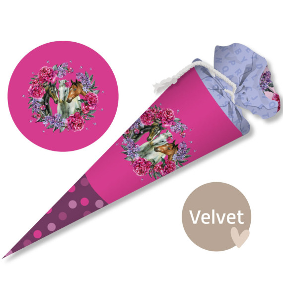 DIY-Nähset Schultüte - GESCHWISTERTÜTE - Dream Horses - Blumenkranz - Pink - Velvet - abby and amy