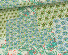 Baumwolle - Webware - Vintage - Blumen Mix - Beige/Cyanblau/Farngrün