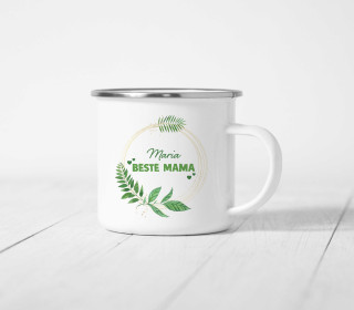Emaille Becher - Beste Mama - Blumenkranz - Grün