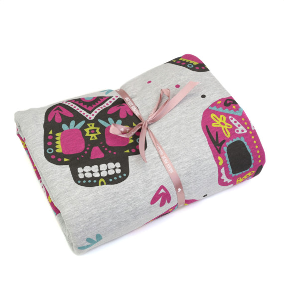 2,05m Zuschnitt - Sommersweat - Totenköpfe - Dia De Los Muertos - Pink/Grau